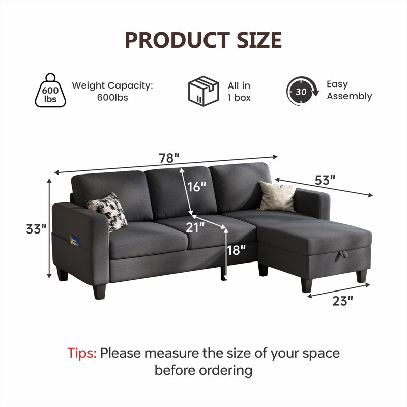 78'' Upholstered Sofa Couch With Storage Ottoman, Dark Gray
