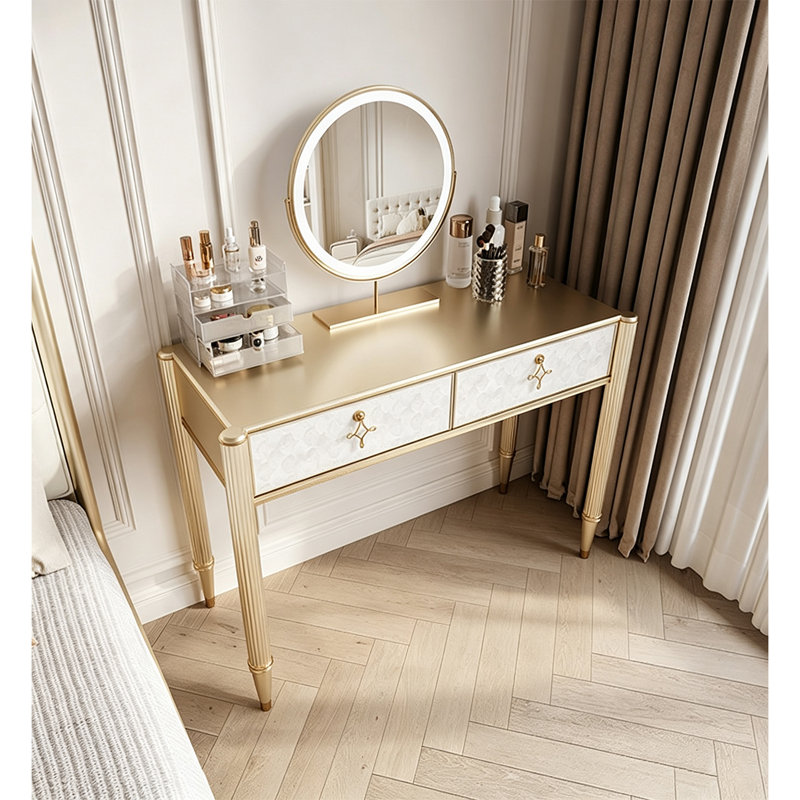 Coiffeuse de chambre à coucher en bois de cerisier de style luxueux et lumineux avec comptoir incrusté de coquillages