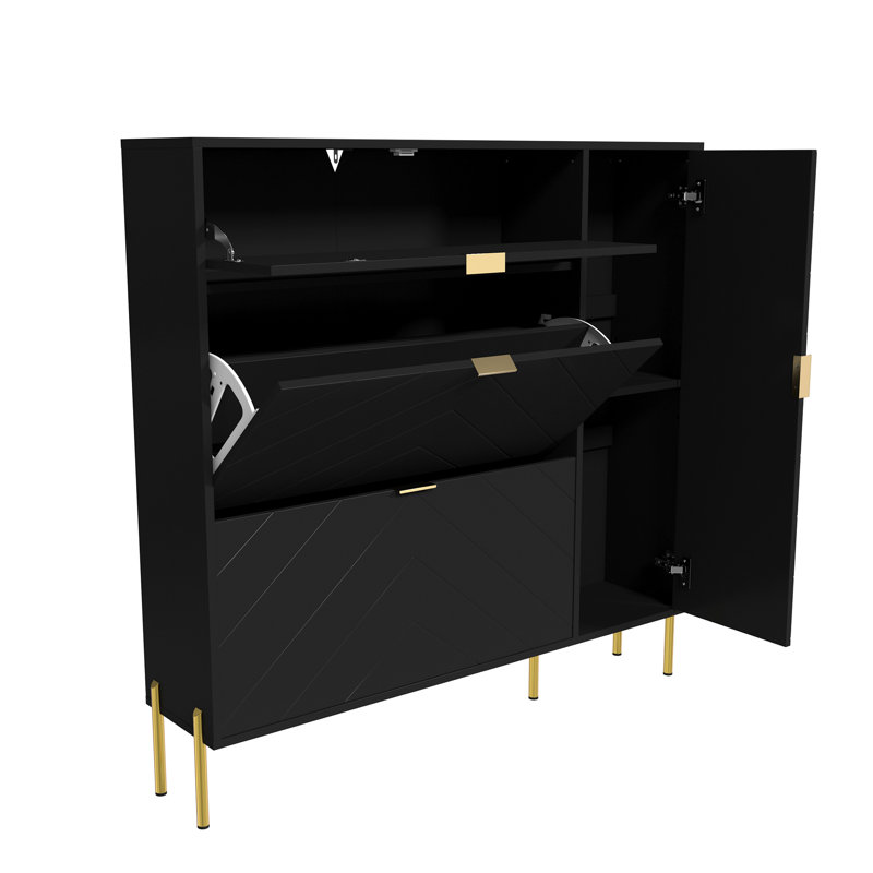 MDF Shoe Storage Cabinet with Flip-up Drawers and Shelves, Black