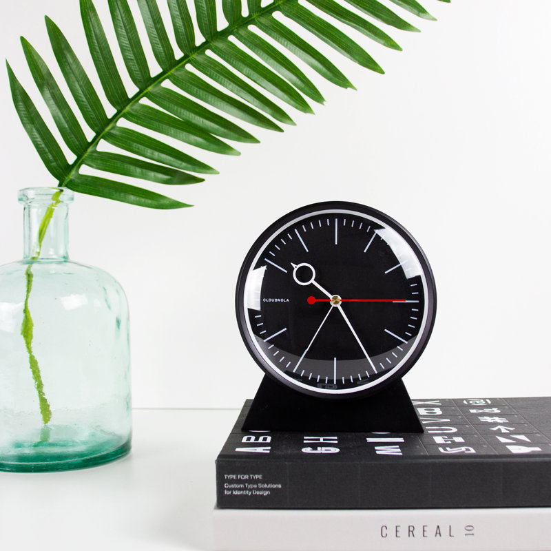 Analog Birch Solid Wood Quartz Alarm Tabletop Clock in Black