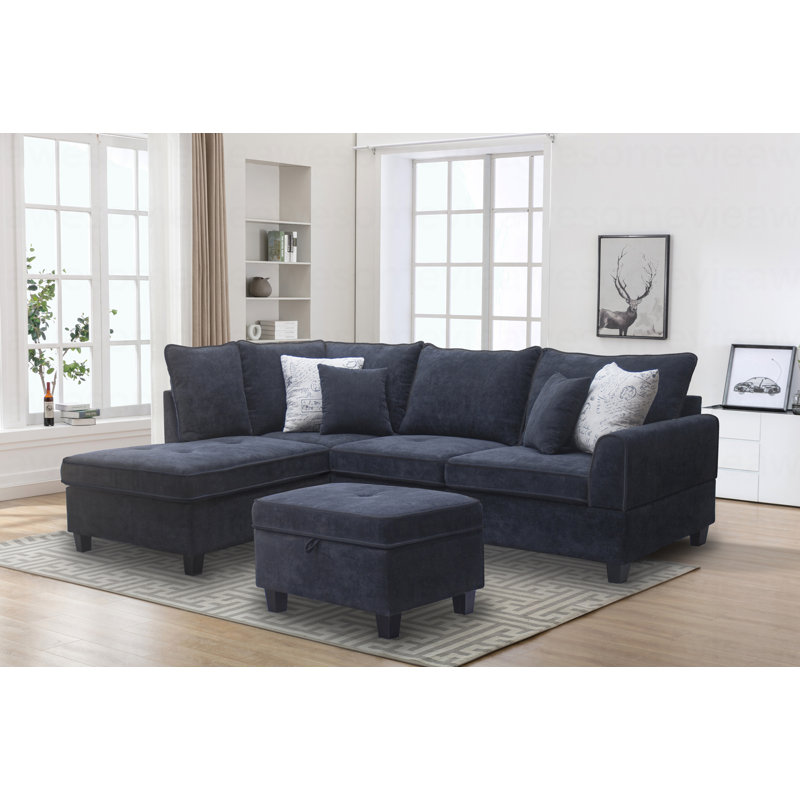 Canapé modulaire moderne en tissu noir l 99,5 po avec méridienne et repose-pieds de rangement, Gris clair / noir