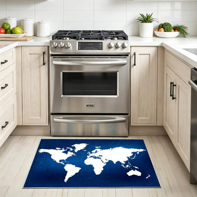 Tapis intérieur bleu lavable à la machine, carte du monde bleu marine et globe terrestre en couleurs
