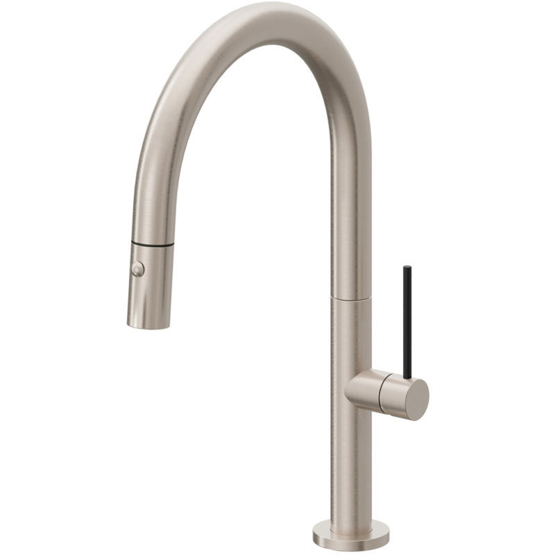 Pull-Down Kitchen Faucet With Button Sprayer - Low Arc Spout, Satin Nickel, Black Stick