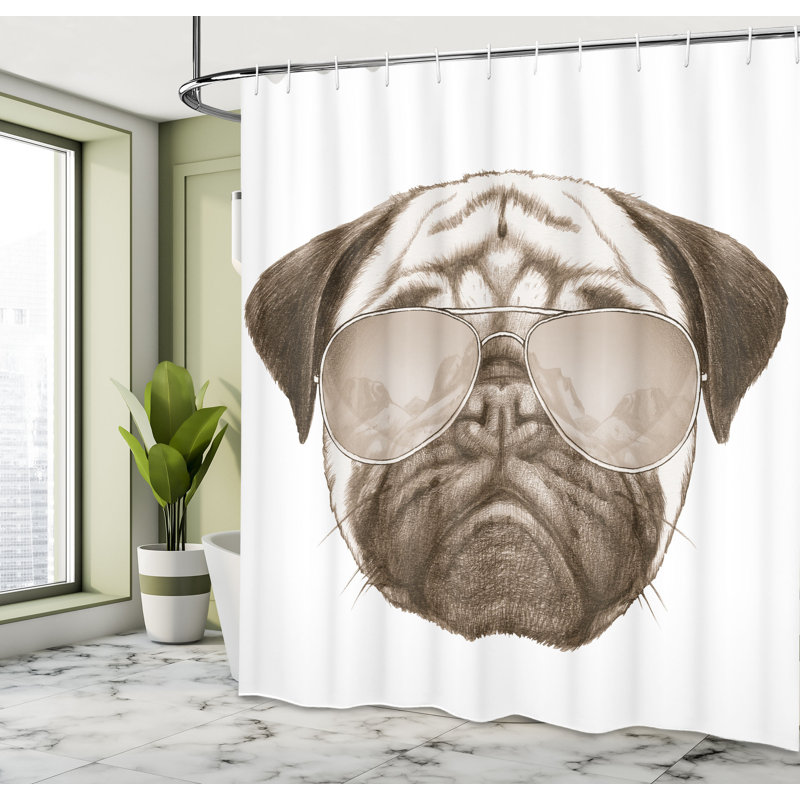 Pug Shower Curtain Set + Hooks, 70"H x 69"W, Umber White