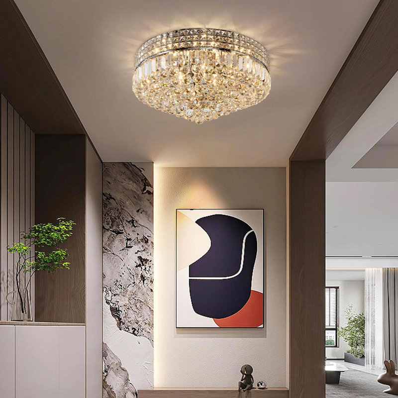 16.53" Modern Chrome Crystal Flush Mount Ceiling Light, E14 Base, No Bulb Included