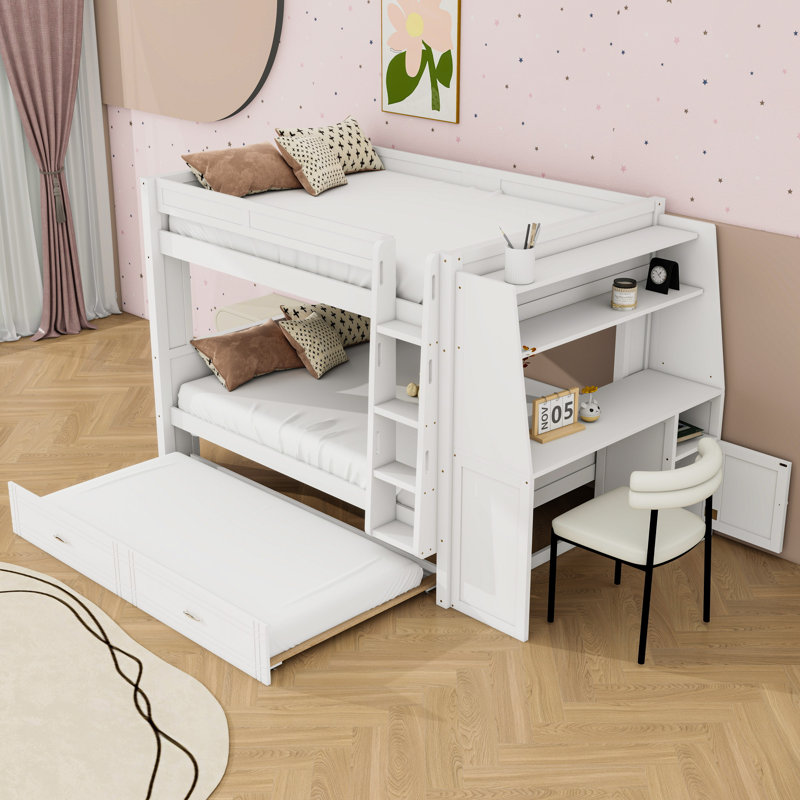 Lit superposé avec bureau et lit gigogne, Blanc