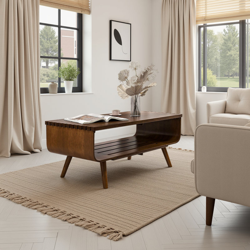 44" Mid-Century Coffee Table - Solid Wood Frame with Flared Legs for Small Spaces