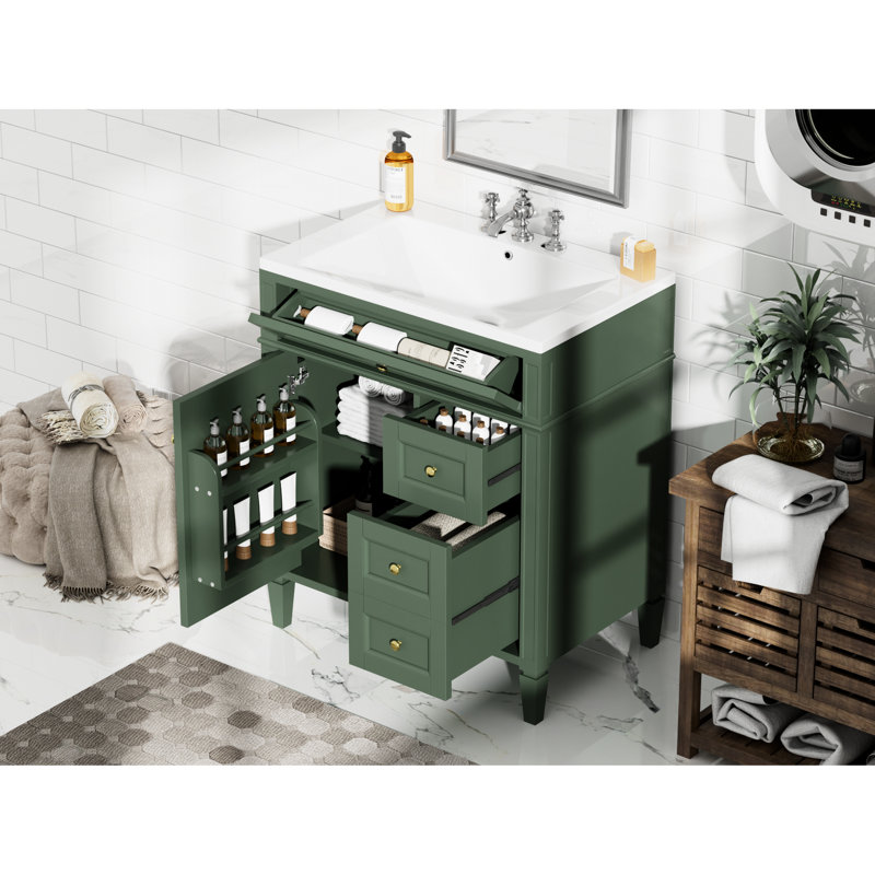 Meuble-lavabo moderne de 30 po avec glissières de tiroir en métal lisse, 3 tiroirs et poignée basculante pratique, tablette réglable, tiroirs en bois massif et résine, style