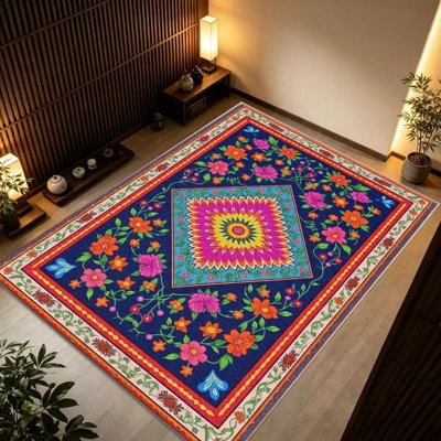 Tapis coloré Boho - doux et confortable, toutes saisons, facile à entretenir, lavable à la machine, tapis d'intérieur pour le salon, la chambre à coucher, la salle à manger, le couloir, le bureau, le patio, la maison et l'extérieur