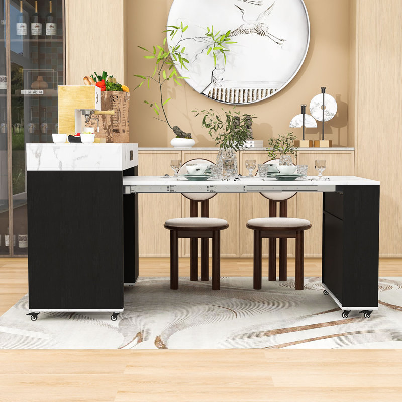 Chariot de cuisine mobile avec plateau de table extensible, prise de courant intégrée, rangement dissimulé et roues verrouillables