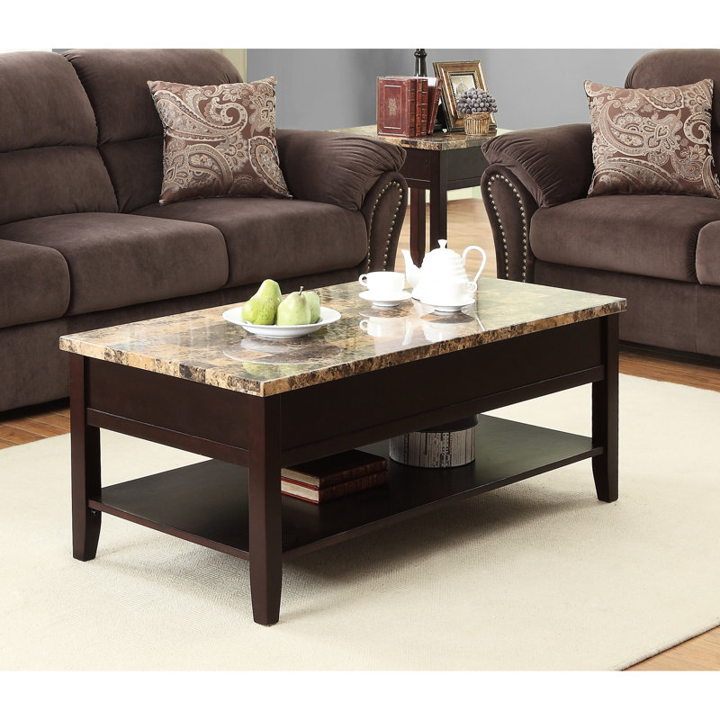 Table de cocktail à finition cerisier foncé avec plateau et plateau en faux marbre