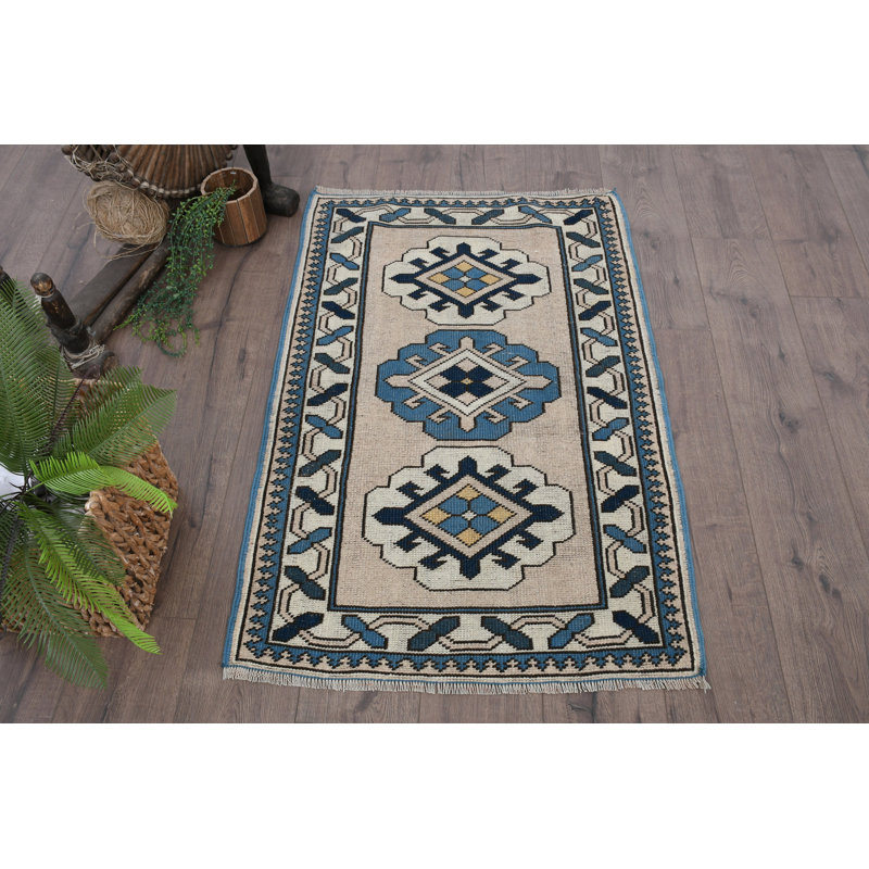 Tapis bleu en laine à motif géométrique traditionnel de 30,7 x 48 pouces