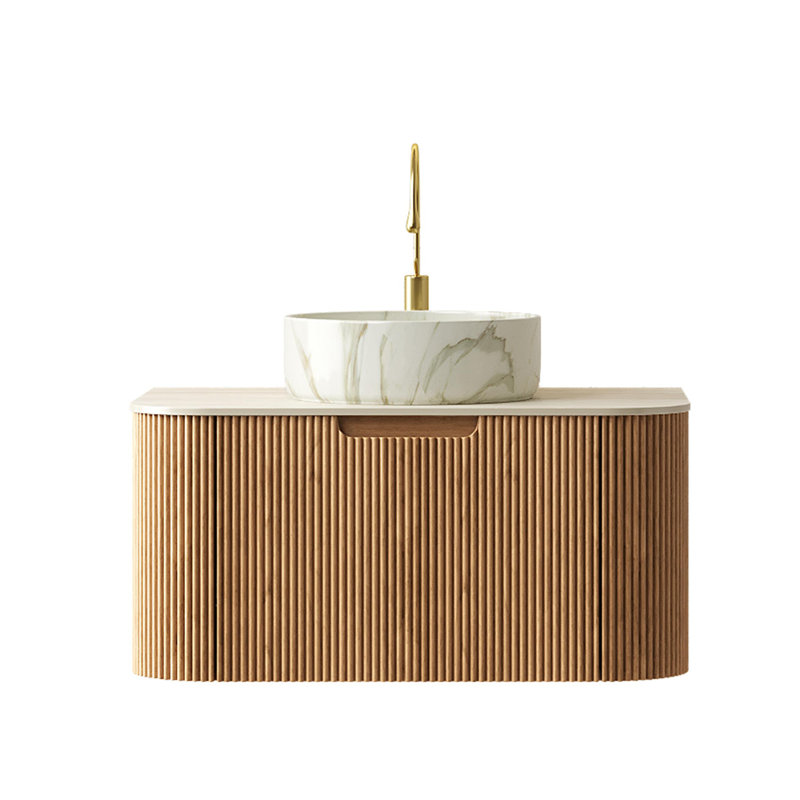 Meuble-lavabo flottant mural 30 po avec lavabo rond en céramique à motif de pierre et tiroir, Clair naturel, 30", Beige