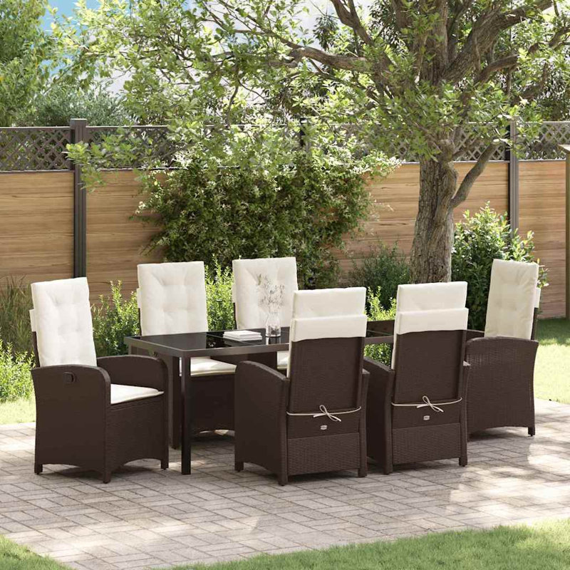  Ensemble de salle à manger de jardin avec coussin 7 pièces en rotin de polyester brun, Beige Cushion/Brown Frame, 6