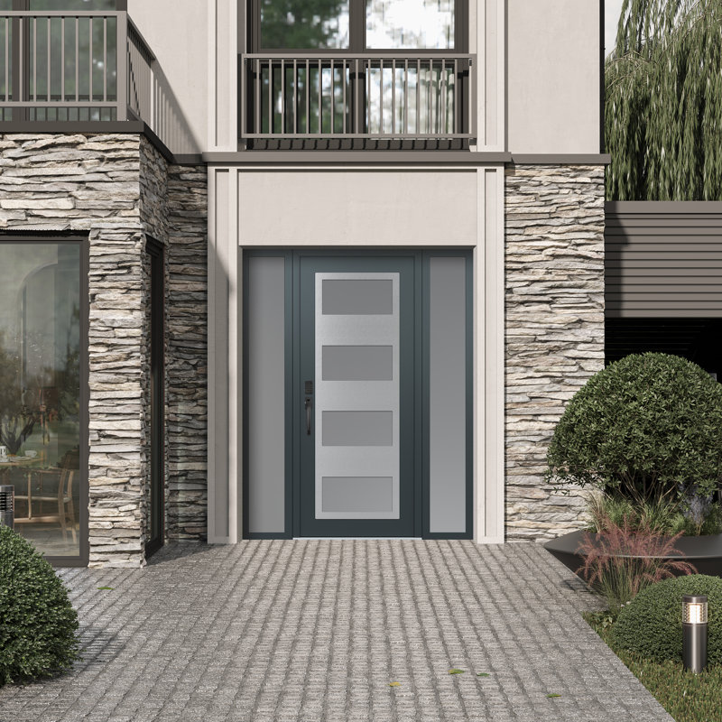 Porte d'entrée avant prémontée à 2 panneaux latéraux en acier argenté anthracite / anthracite, L 69 po x H 81,69 po, Gelé