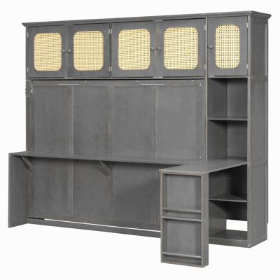 Full Murphy Bed With Desk And Rattan Cabinets, Space-Saving Wall Bed For Home Office
