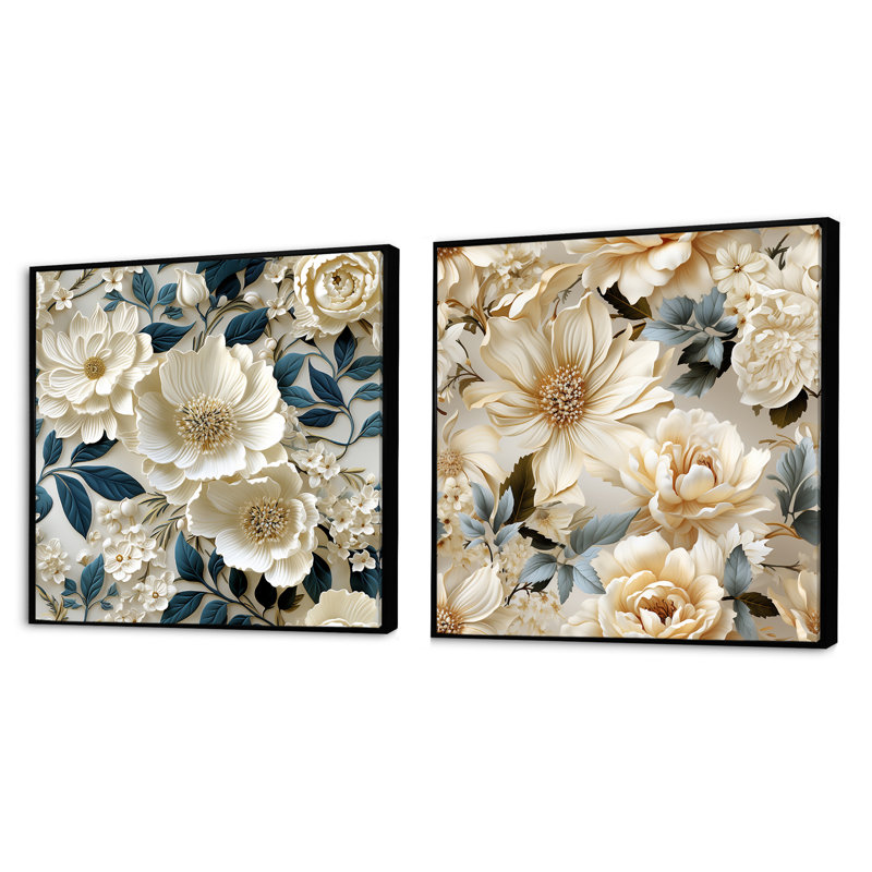 Lilou - Ensemble de 2 collages carrés floraux, Cadre flottant noir, H 16 po x l 33 po