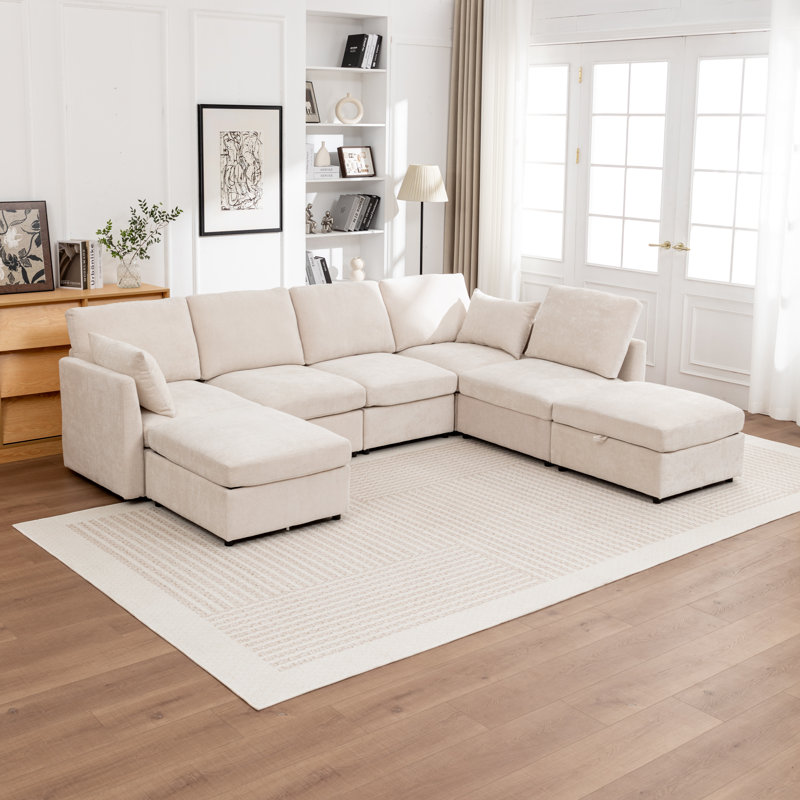 Wilroy 7-Piece Upholstered U-Shaped Sectional Sofa, Beige
