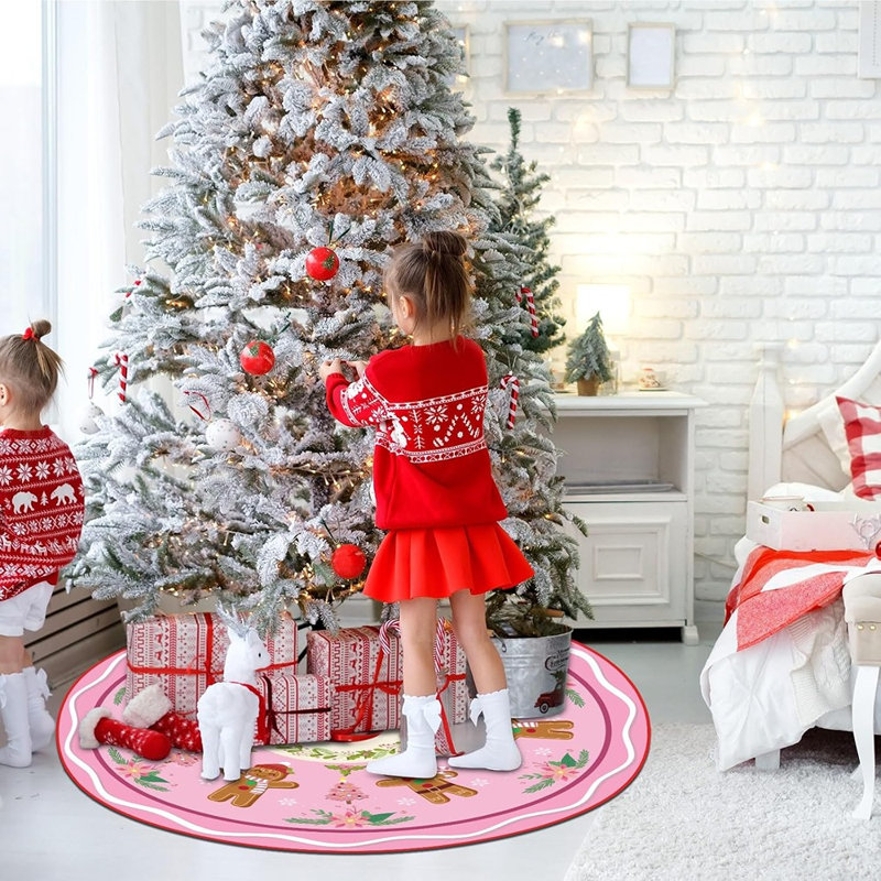 Jupe de sapin de Noël rose en forme de pain d'épices, couronne verte et flocons de neige, décoration rustique pour les fêtes