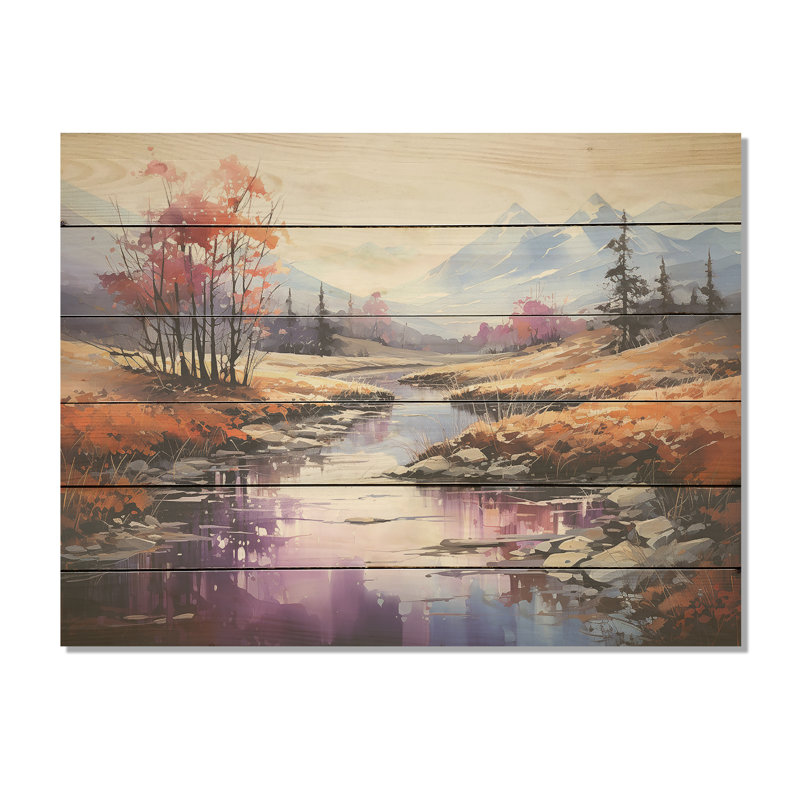 Alcohol Ink River Tranquility I - Countryside Wood Wall Art On Natural Pine Wood, 10" H x 20" W