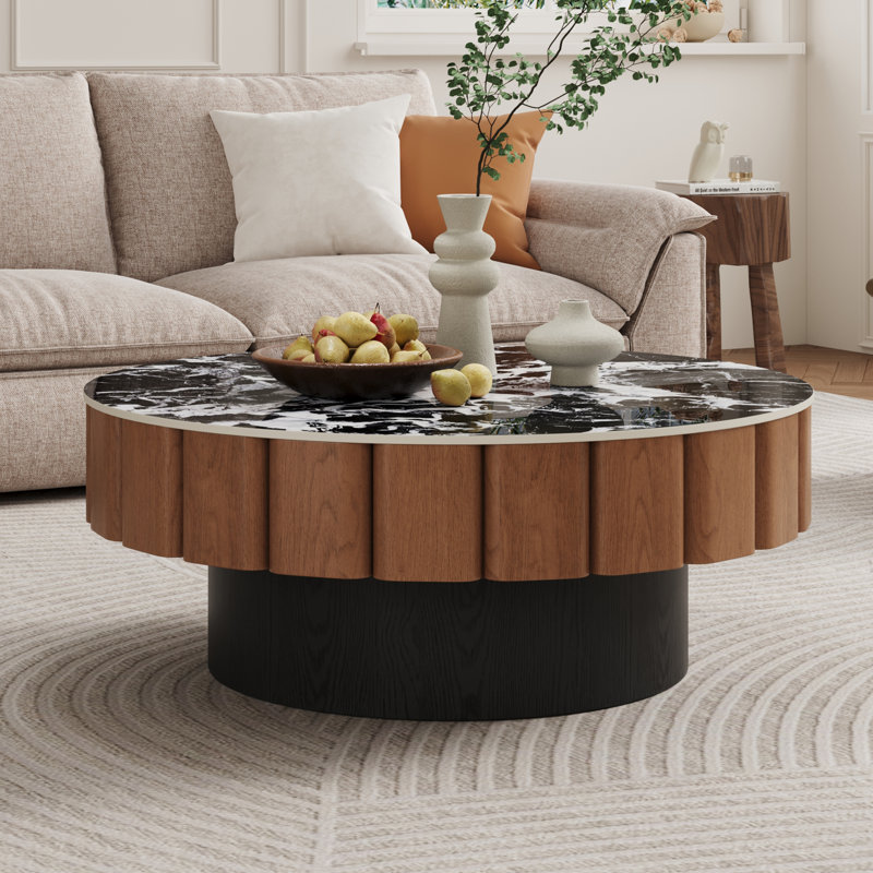 35.4''Round Faux Marble Mid Century Black and Brown Coffee Table for Living Room