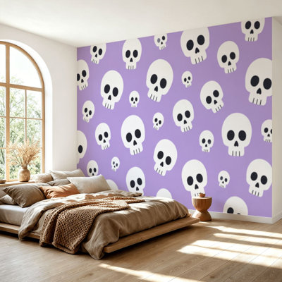 Papier peint adhésif peler et coller crânes blancs mauve clair sans soudure Halloween tête de mort rigolote pastel autocollant amovible en papier contact mural pour le salon Chambre à coucher H 69 po x l 96 po
