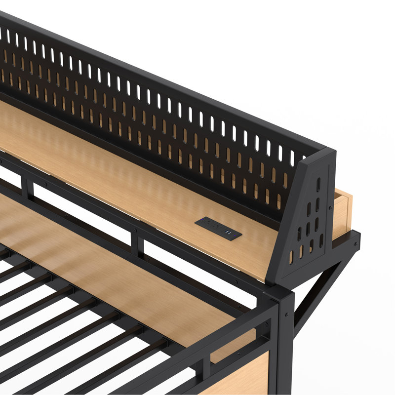 Lit superposé double au-dessus de double avec tablettes de rangement et panneau perforé, cadre de lit superposé avec ports USB et lumières DEL, peu encombrant, pour les adolescents et les adultes, naturel