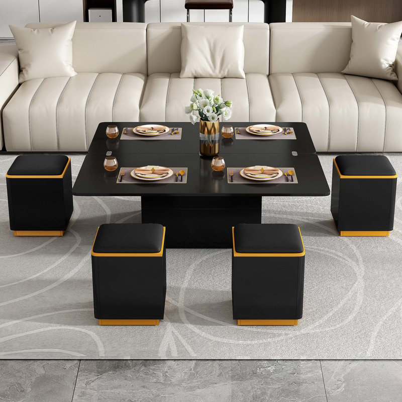 Table basse relevable avec tabourets de rangement, table centrale moderne avec plateau pliable pour le salon, Noir