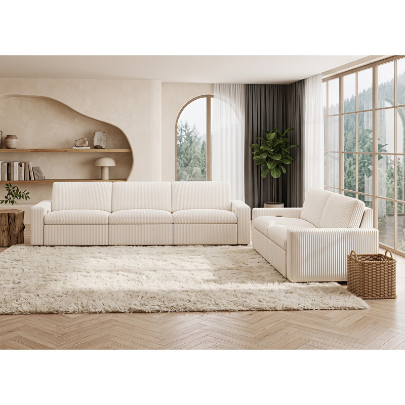 Ensemble de salon 2 pièces en velours côtelé inclinable électrique, 2 Pieces: Sofa, Loveseat, Creamy Ivory