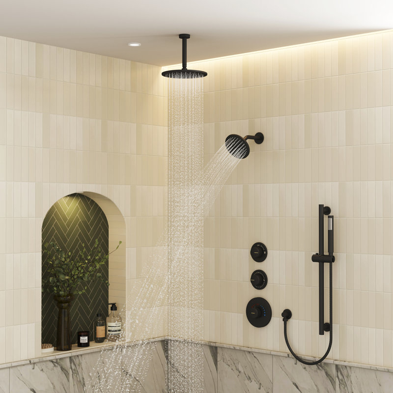 Système de douche thermostatique à haute pression avec deux pommes de douche et barre coulissante réglable