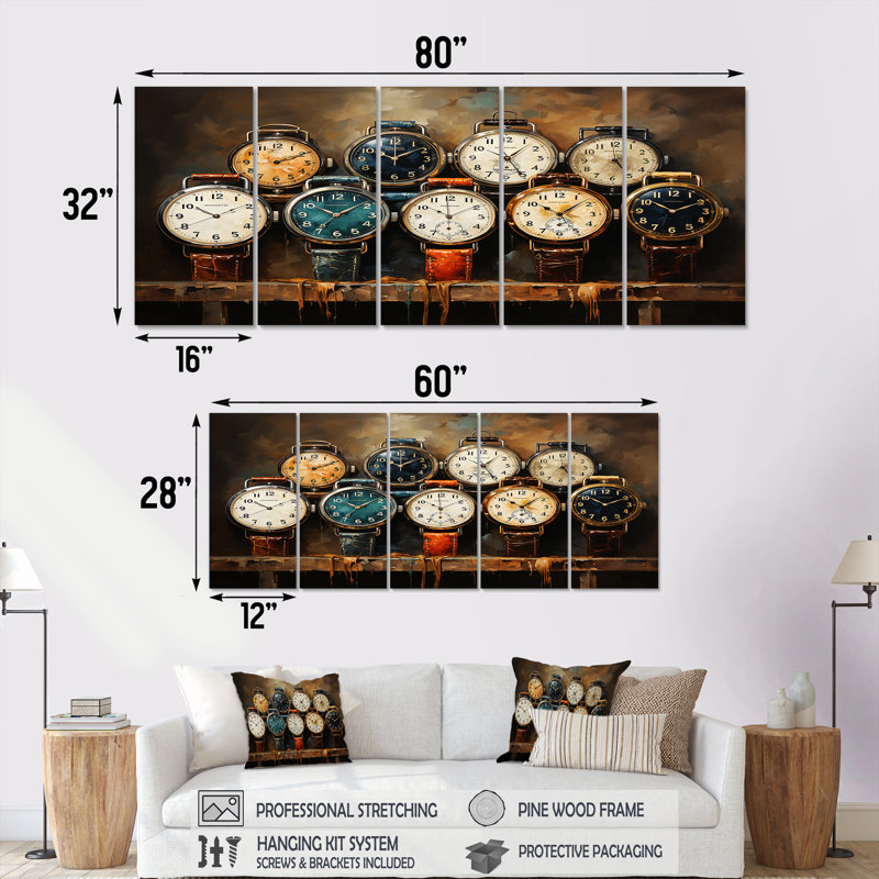 "Vintage Watches Time Time II" - Art mural 5 pièces, H 28 po x l 60 po