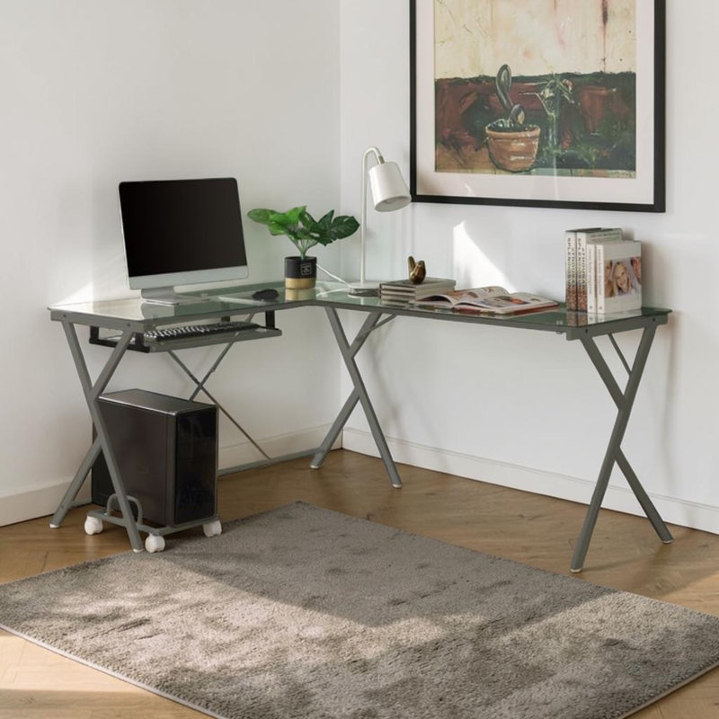 Avelyn Clear Glass Computer Desk, Gray