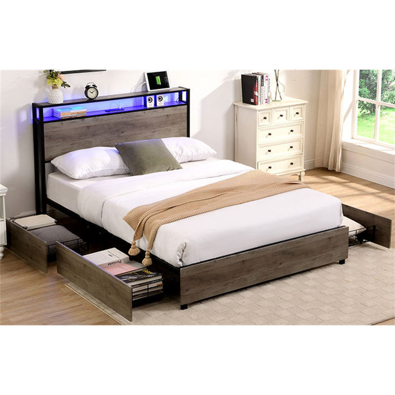 Bed Frame With Headboard & 4 Storage Bedside Drawers, Storage Bed With Charging Station & LED Light, Queen