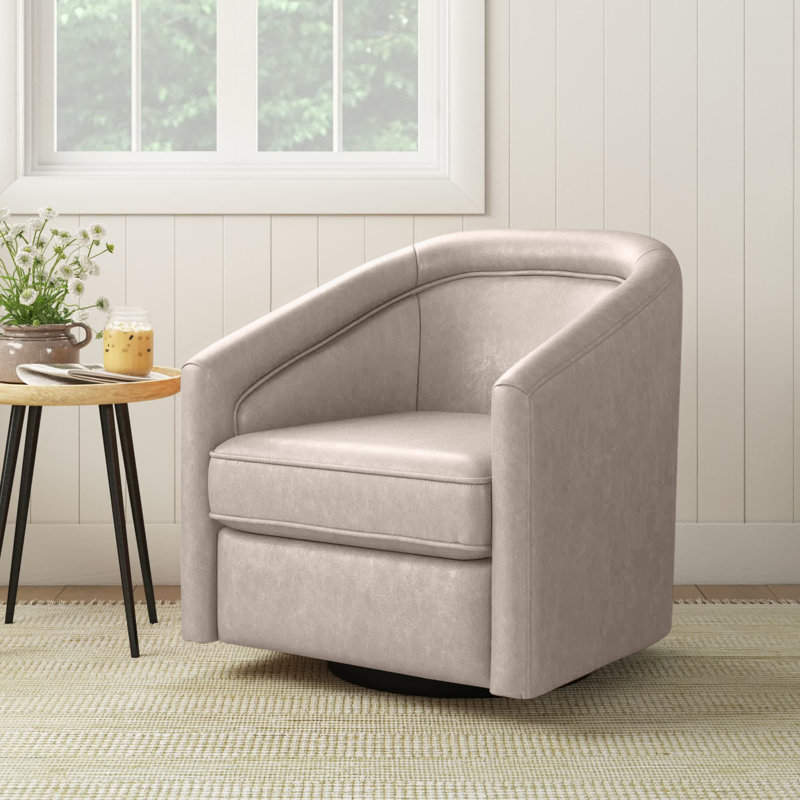 Kiersten Faux Leather Swivel Barrel Chair, Distressed Cream Faux Leather
