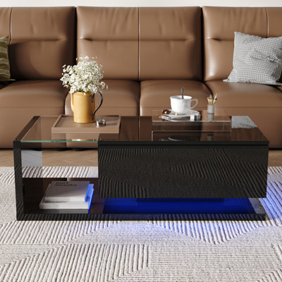 Table basse moderne à haute brillance avec lumières DEL, table rectangulaire à 2 niveaux avec tiroir, table centrale pour le salon, noir