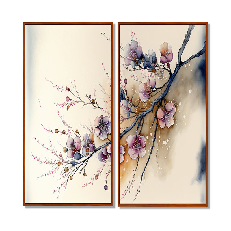 Rose et prune, branche de cerisier en fleurs I - art mural moderne 2 pièces, 32" H x 32" W, Impression encadrée flottante