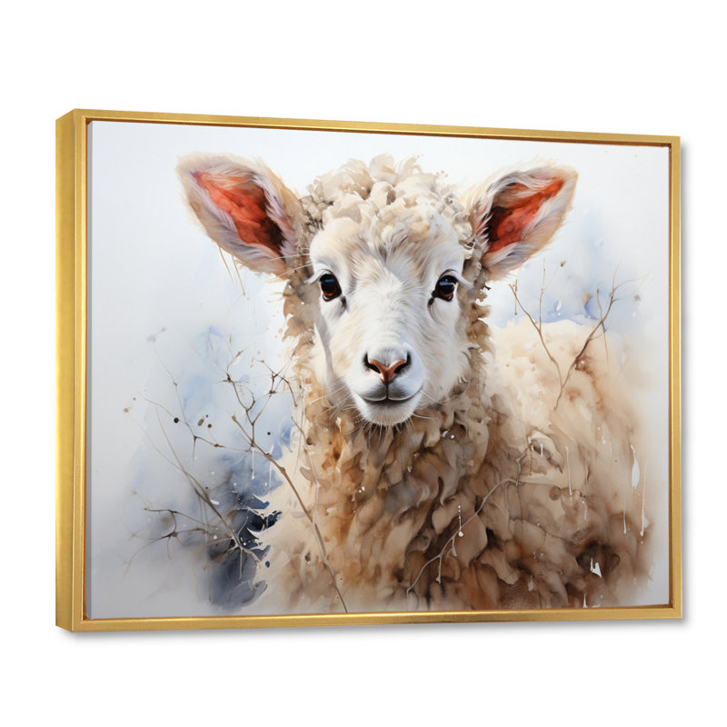 Mouton beige en hiver sur toile, Cadre flottant doré, H 34 po x l 44 po x P 1,5 po