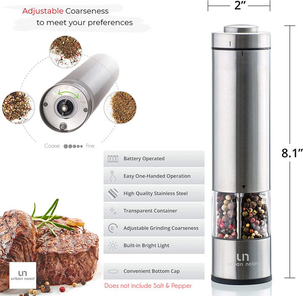 Electric Salt & Pepper Grinder Mill Shakers Set Stainless Steel Adjustable