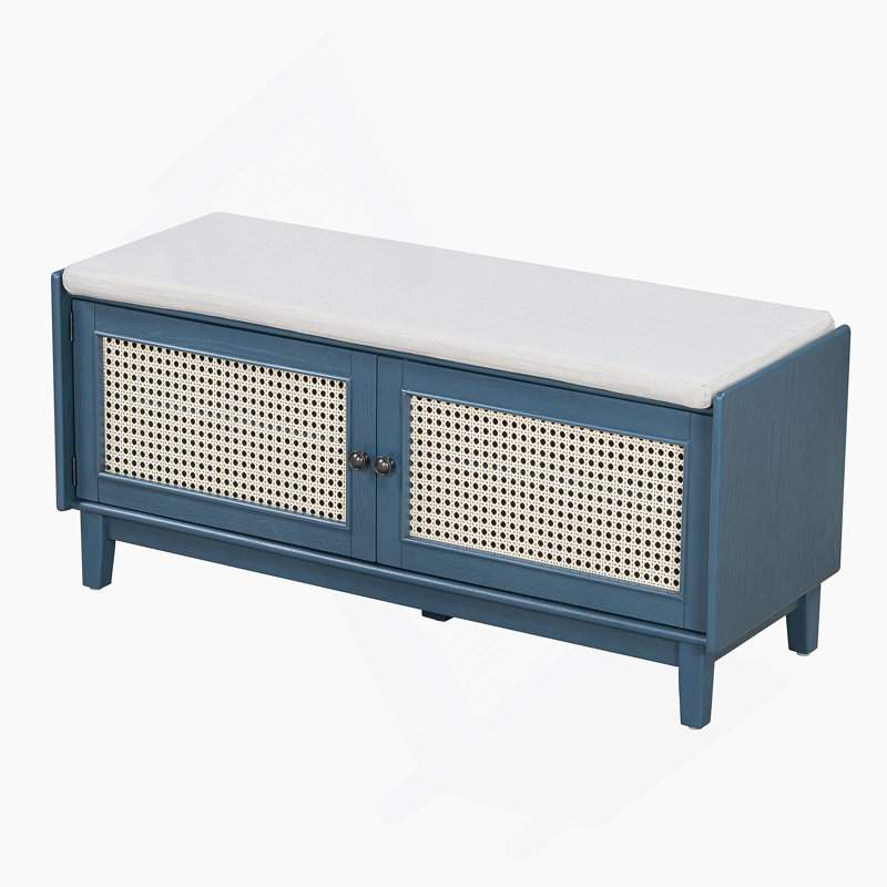 Banc de rangement en rotin avec rangement Boho, Bleu marine antique / beige