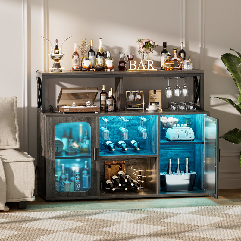 Asrf 47'' Wine Bar,Storage Buffet Cabinet Coffee Bar Cabinet For Liquor,Wine Cabinet With Racks with LEDs, Gray