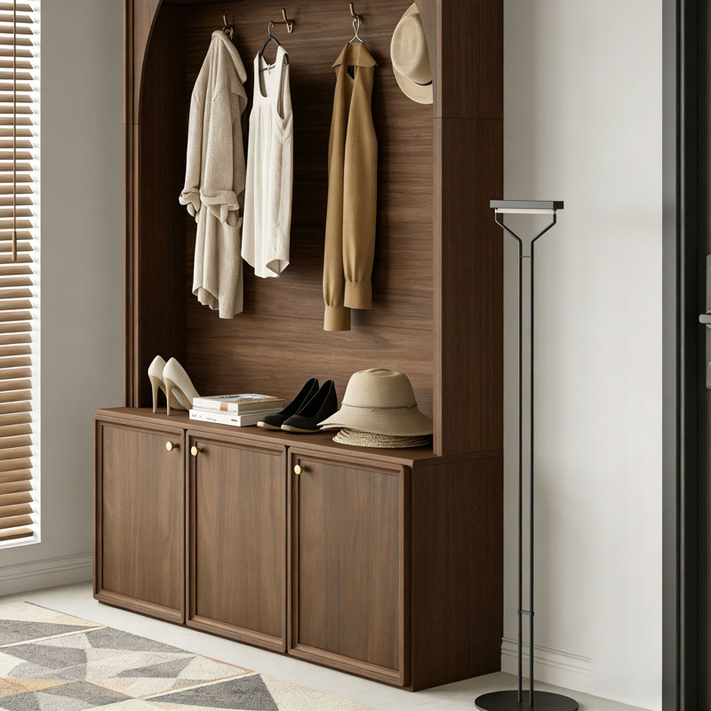 Meuble d'entrÃ©e tout-en-un avec tablettes rÃ©glables, banc de rangement rÃ©tro Ã  l'entrÃ©e avec 3 armoires, Walnut