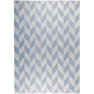 Tapis bleu / gris géométrique tressé à la machine 7 pi 9 po x 10 pi 2 po