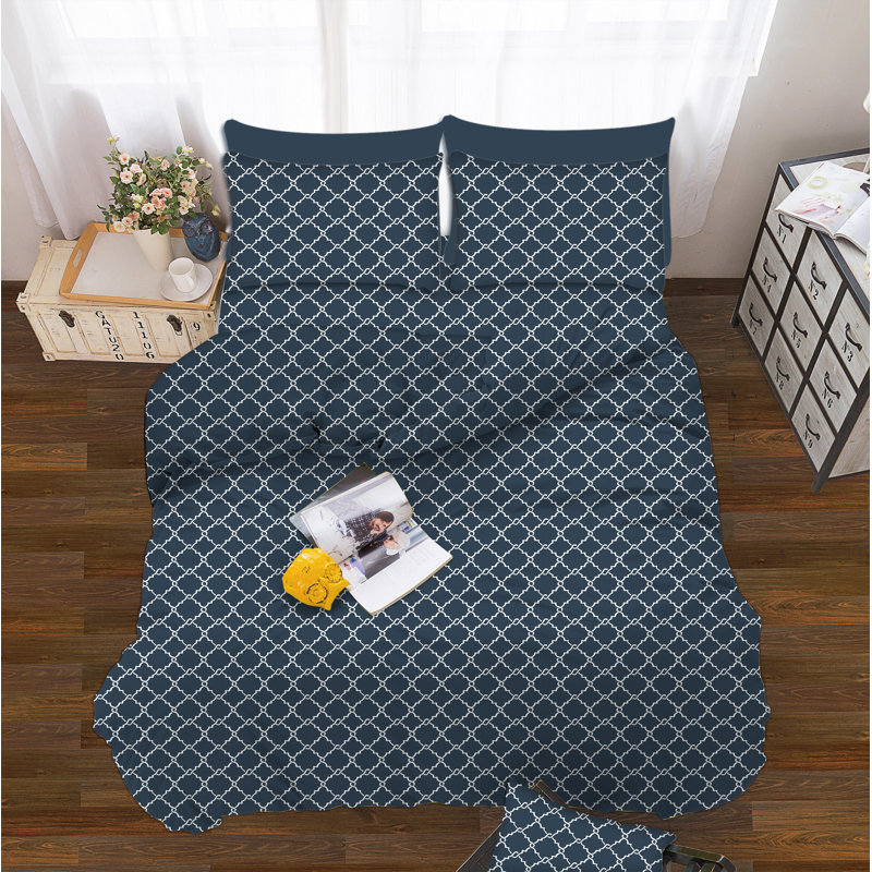 Lemos Microfiber Percale Geometric Sheet Set, Navy Blue, Queen