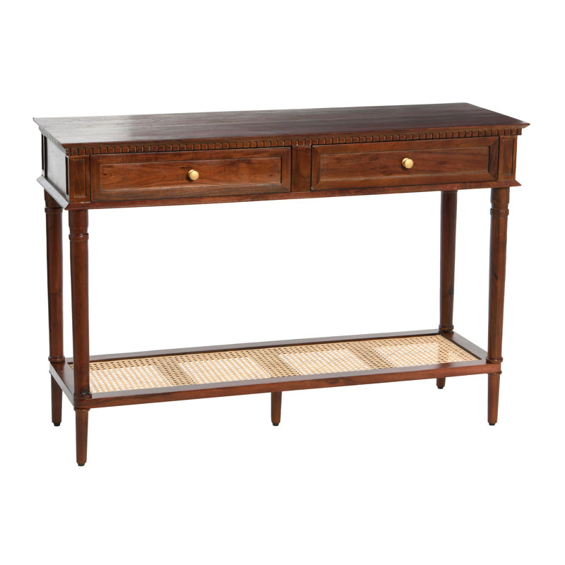Ayleena Maxwelton Solid Wood Console Table with 2 Drawers and Woven Cane Storage Shelf, Brown