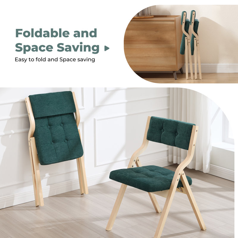 Chaise pliante au design élégant avec structure en bois massif et dossier et siège rembourrés capitonnés, Vert
