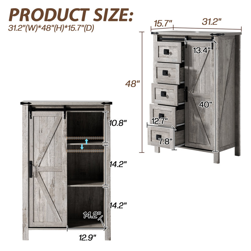  48" Tall Farmhouse 5 Drawers Dressers, Gray
