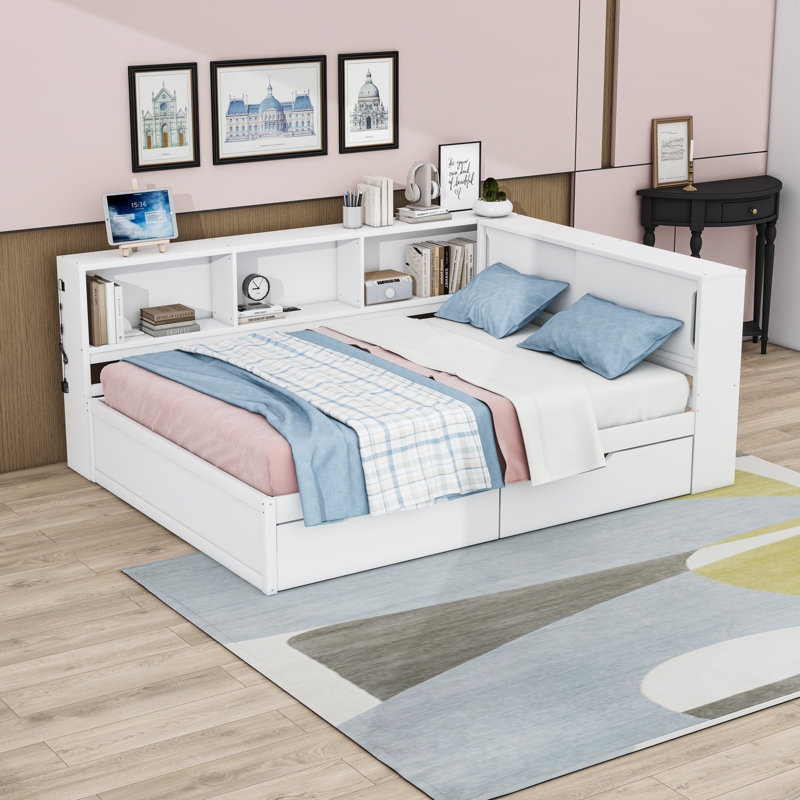 Grand lit de jour en bois avec tablettes de rangement, USB, DEL et 2 tiroirs, Blanc