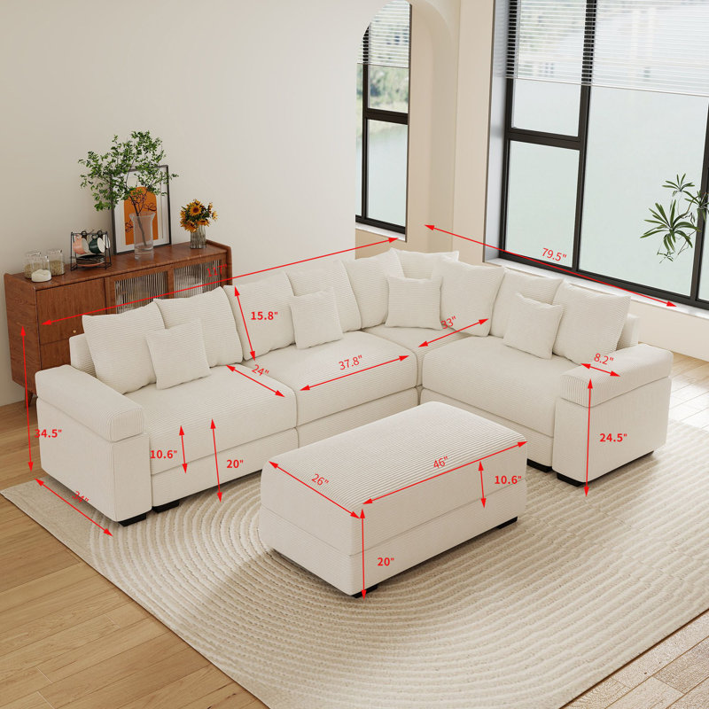 5-Piece 117" Wide Modular Sectional Sofa Oversized Corduroy Deep Seat Cloud Corner Couch With 46" W Movable Ottoman & Pillows