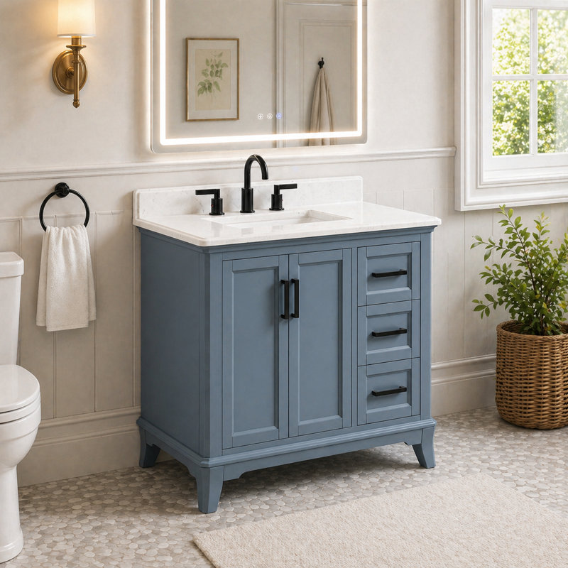 Ensemble de meuble-lavabo autoportant bleu 36 po avec comptoir en quartz blanc et lavabo simple Allendale, Blue, 36"