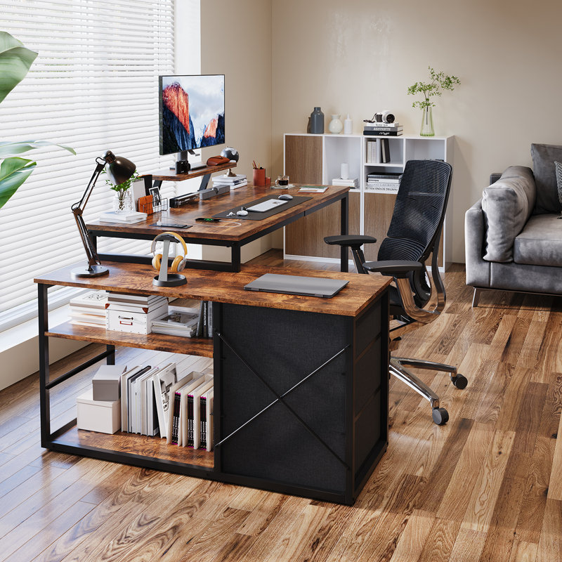 L-Shaped Metal Base Computer Desk, Brown, Black